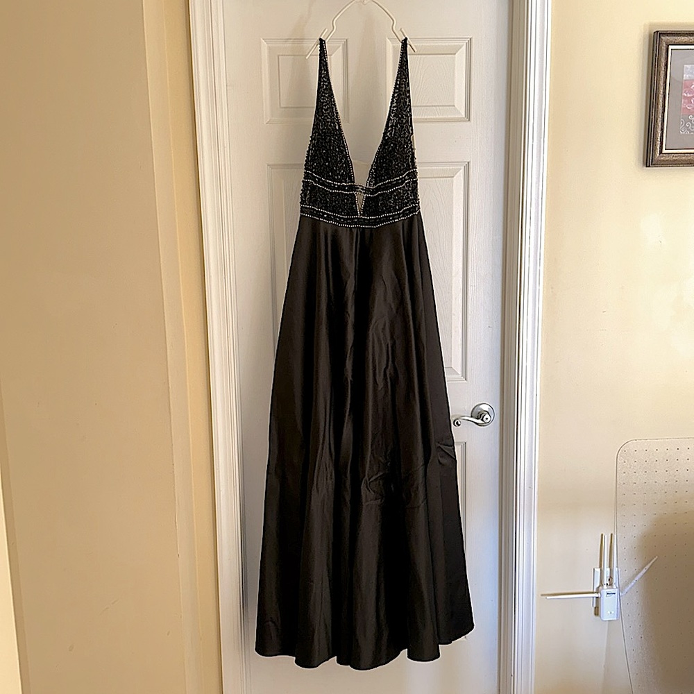 Plus size black beaded and sequined prom dress